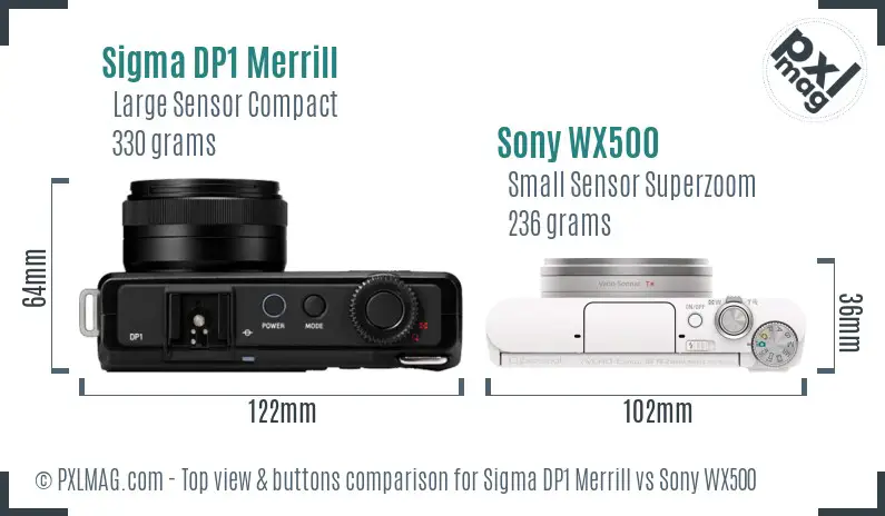 Sigma DP1 Merrill vs Sony WX500 top view buttons comparison Sigma DP1 Merrill vs Sony WX500 top view buttons comparison