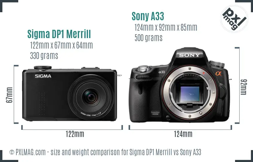 Sigma DP1 Merrill vs Sony A33 size comparison