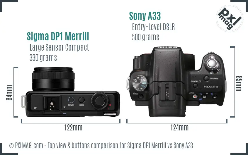 Sigma DP1 Merrill vs Sony A33 top view buttons comparison