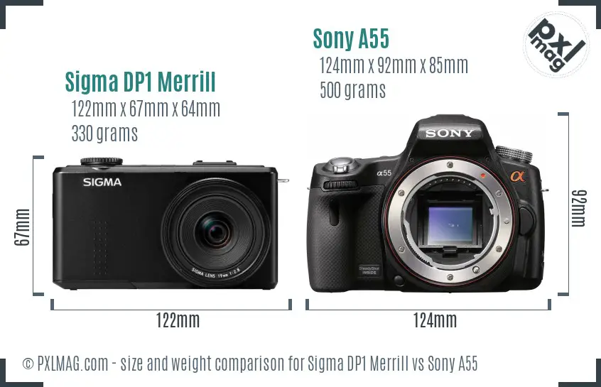 Sigma DP1 Merrill vs Sony A55 size comparison