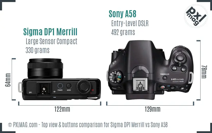 Sigma DP1 Merrill vs Sony A58 top view buttons comparison