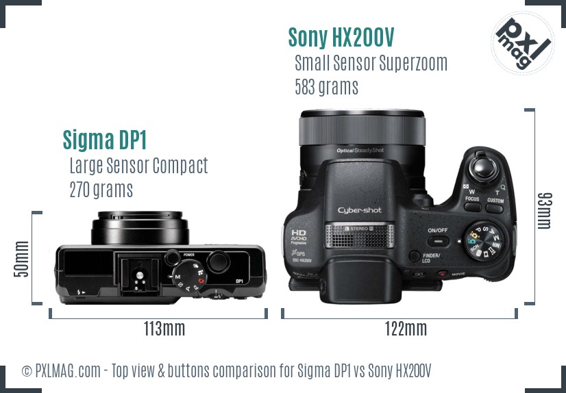 Sigma DP1 vs Sony HX200V top view buttons comparison