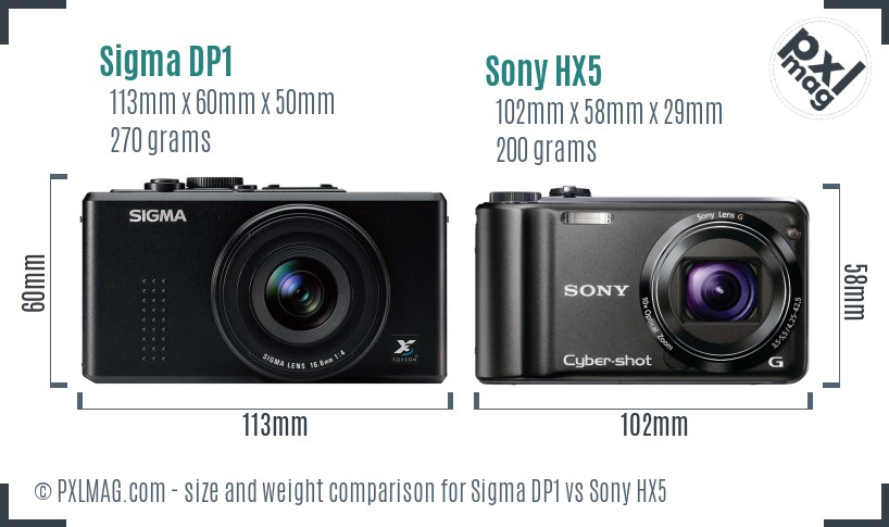 Sigma DP1 vs Sony HX5 size comparison