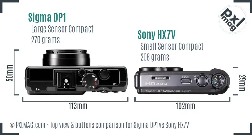 Sigma DP1 vs Sony HX7V top view buttons comparison Sigma DP1 vs Sony HX7V top view buttons comparison