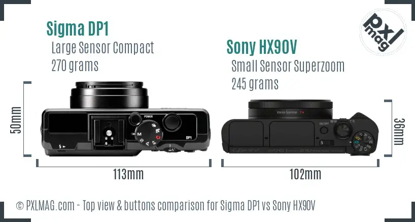 Sigma DP1 vs Sony HX90V top view buttons comparison Sigma DP1 vs Sony HX90V top view buttons comparison
