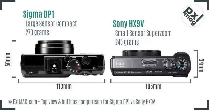 Sigma DP1 vs Sony HX9V top view buttons comparison