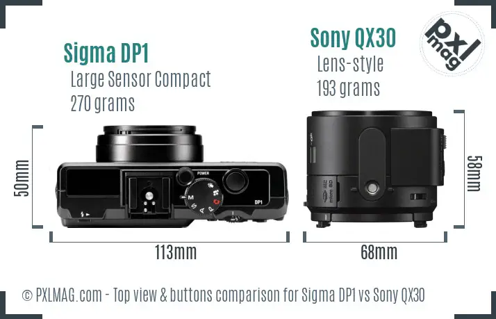 Sigma DP1 vs Sony QX30 top view buttons comparison Sigma DP1 vs Sony QX30 top view buttons comparison