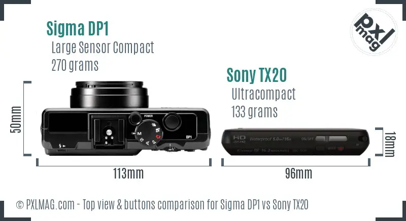 Sigma DP1 vs Sony TX20 top view buttons comparison