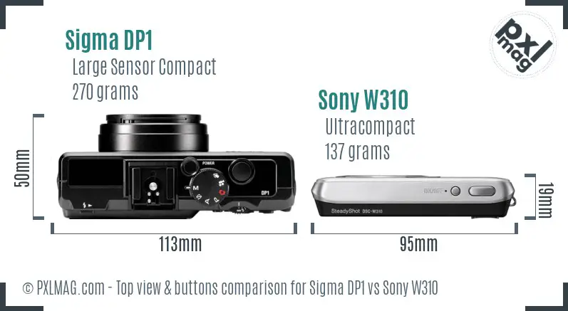 Sigma DP1 vs Sony W310 top view buttons comparison