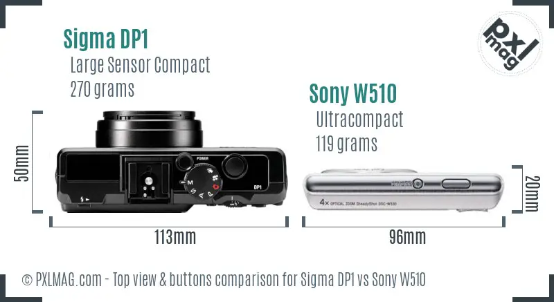 Sigma DP1 vs Sony W510 top view buttons comparison