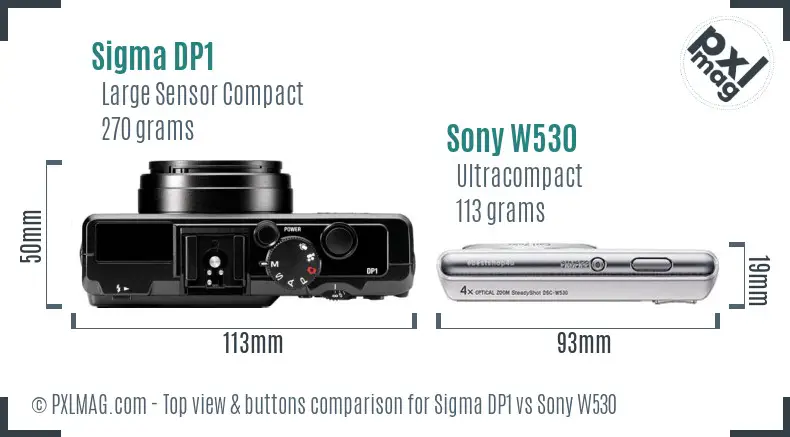 Sigma DP1 vs Sony W530 top view buttons comparison