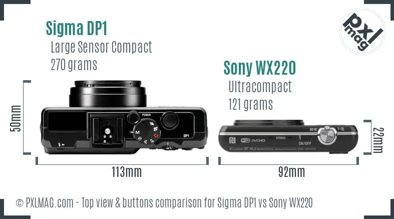 Sigma DP1 vs Sony WX220 top view buttons comparison Sigma DP1 vs Sony WX220 top view buttons comparison