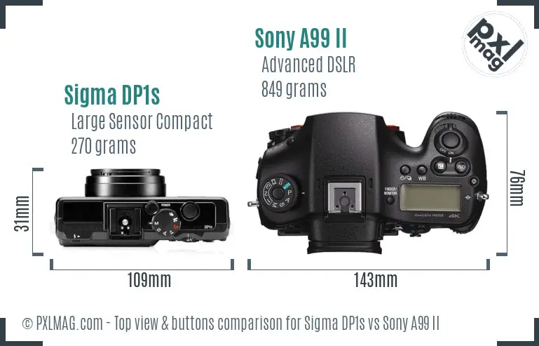 Sigma DP1s vs Sony A99 II top view buttons comparison Sigma DP1s vs Sony A99 II top view buttons comparison