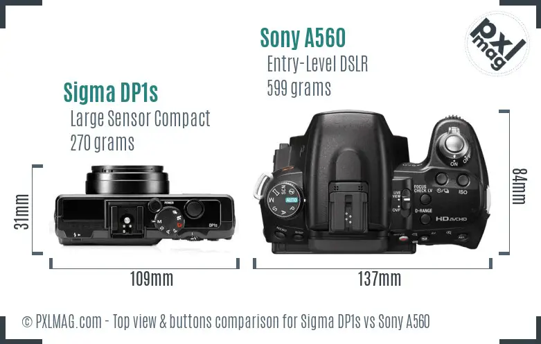 Sigma DP1s vs Sony A560 top view buttons comparison Sigma DP1s vs Sony A560 top view buttons comparison