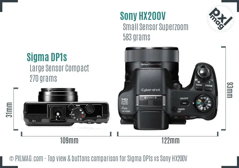 Sigma DP1s vs Sony HX200V top view buttons comparison