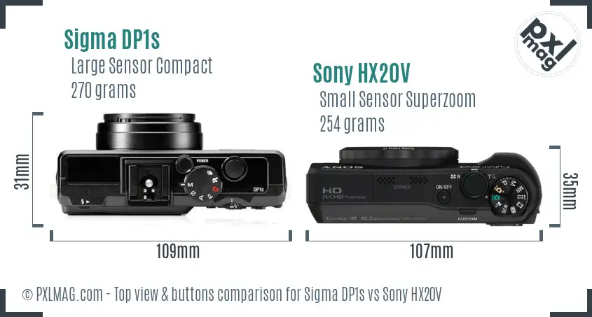Sigma DP1s vs Sony HX20V top view buttons comparison Sigma DP1s vs Sony HX20V top view buttons comparison