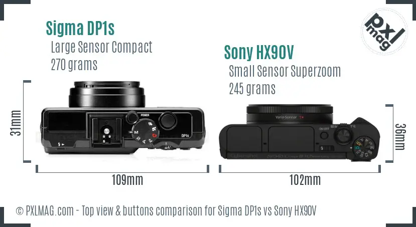 Sigma DP1s vs Sony HX90V top view buttons comparison Sigma DP1s vs Sony HX90V top view buttons comparison