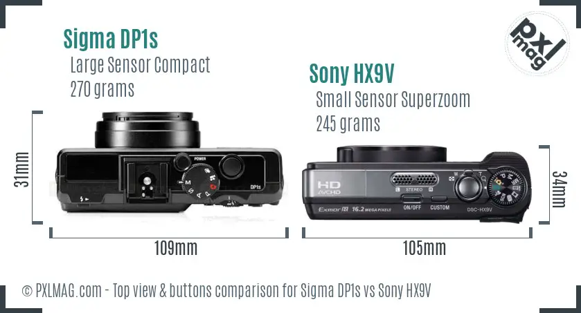 Sigma DP1s vs Sony HX9V top view buttons comparison