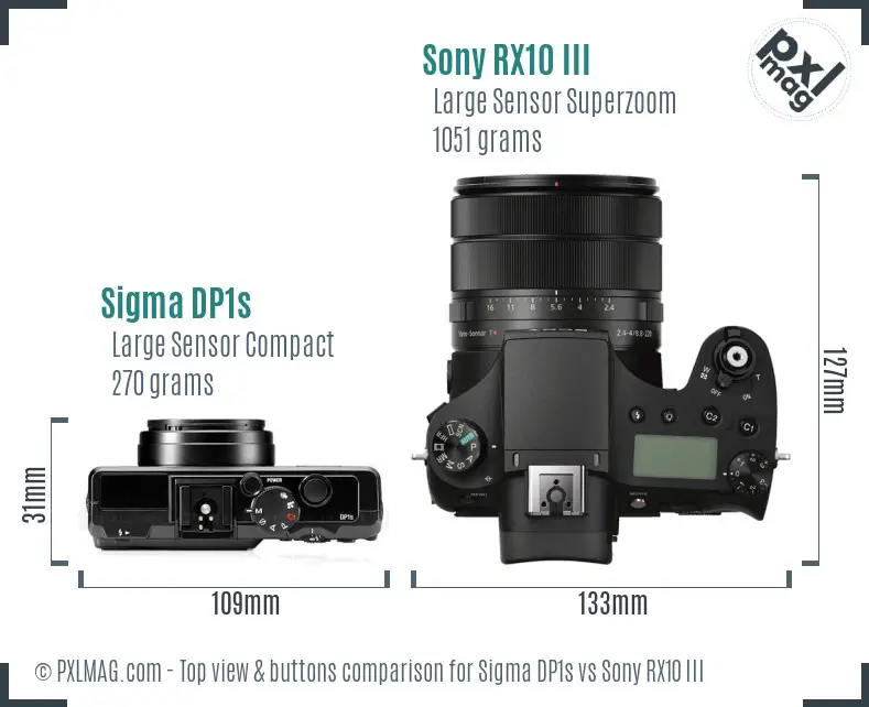 Sigma DP1s vs Sony RX10 III top view buttons comparison Sigma DP1s vs Sony RX10 III top view buttons comparison