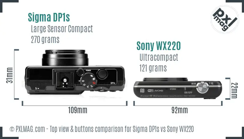 Sigma DP1s vs Sony WX220 top view buttons comparison Sigma DP1s vs Sony WX220 top view buttons comparison