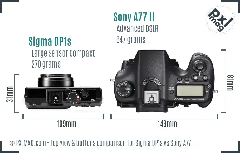 Sigma DP1s vs Sony A77 II top view buttons comparison