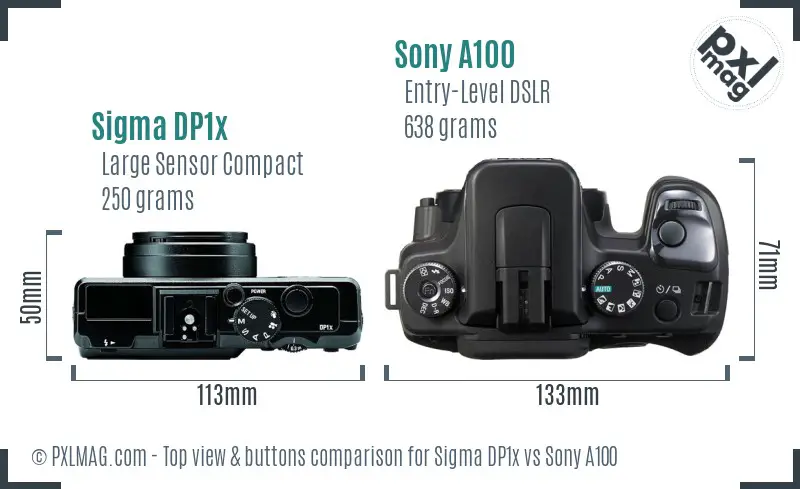 Sigma DP1x vs Sony A100 top view buttons comparison
