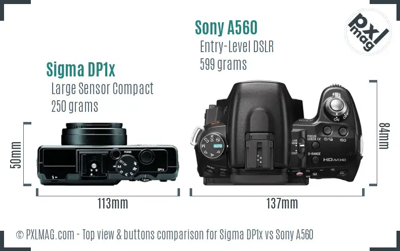 Sigma DP1x vs Sony A560 top view buttons comparison Sigma DP1x vs Sony A560 top view buttons comparison