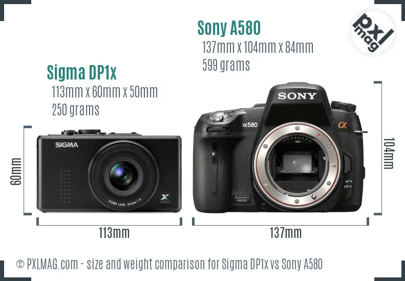 Sigma DP1x vs Sony A580 size comparison