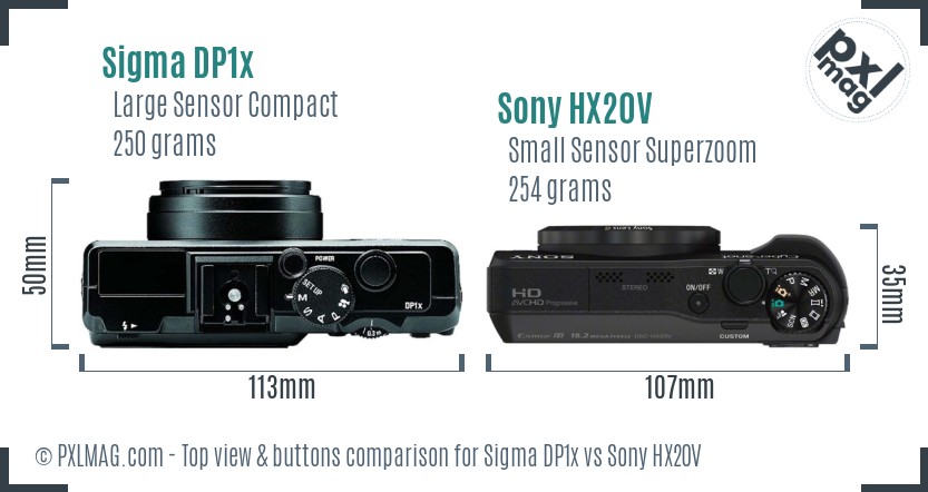 Sigma DP1x vs Sony HX20V top view buttons comparison
