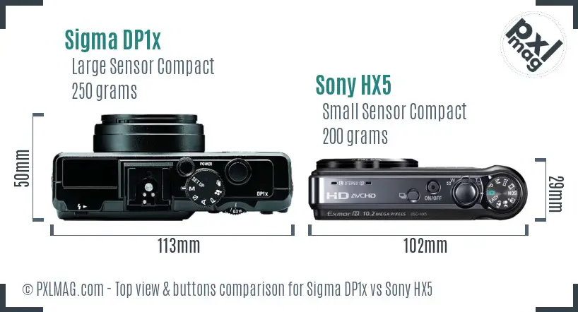 Sigma DP1x vs Sony HX5 top view buttons comparison Sigma DP1x vs Sony HX5 top view buttons comparison