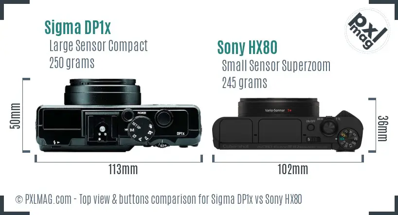 Sigma DP1x vs Sony HX80 top view buttons comparison Sigma DP1x vs Sony HX80 top view buttons comparison