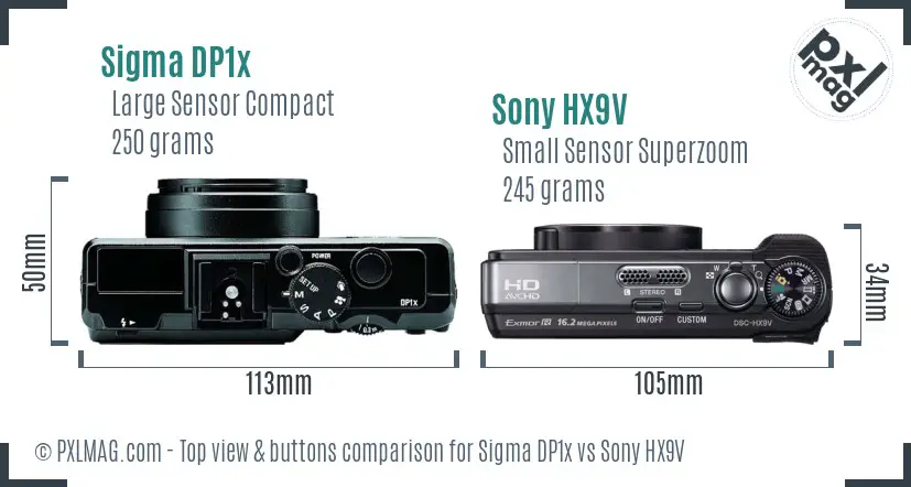 Sigma DP1x vs Sony HX9V top view buttons comparison