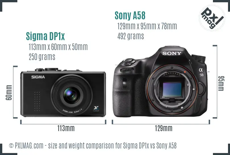 Sigma DP1x vs Sony A58 size comparison