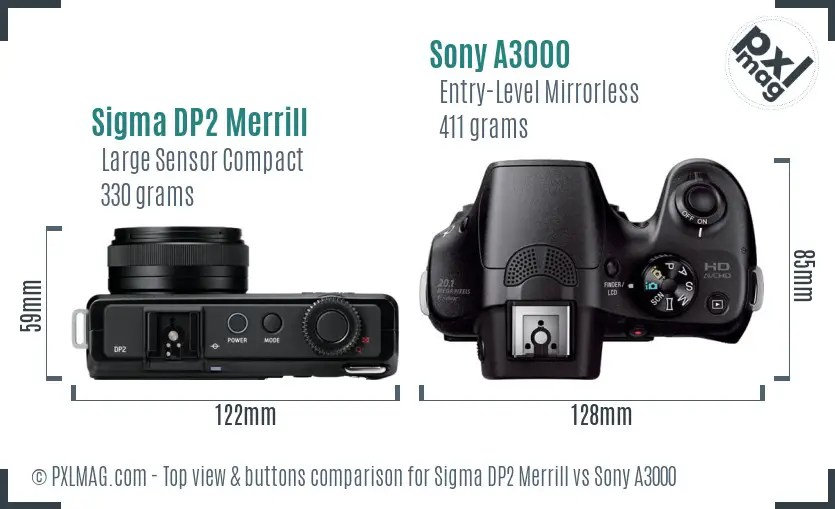 Sigma DP2 Merrill vs Sony A3000 top view buttons comparison