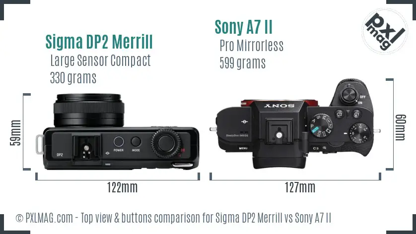 Sigma DP2 Merrill vs Sony A7 II top view buttons comparison