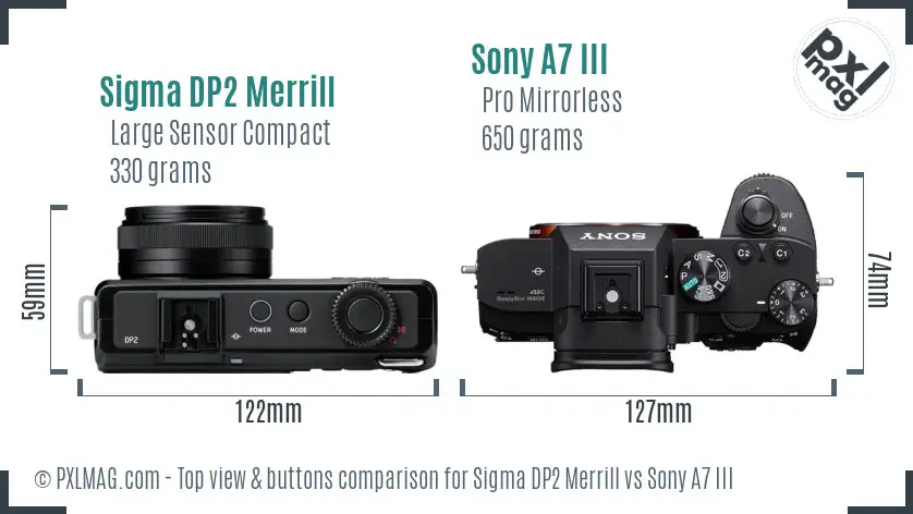 Sigma DP2 Merrill vs Sony A7 III top view buttons comparison