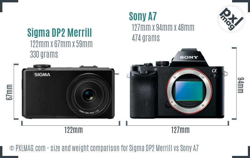 Sigma DP2 Merrill vs Sony A7 size comparison