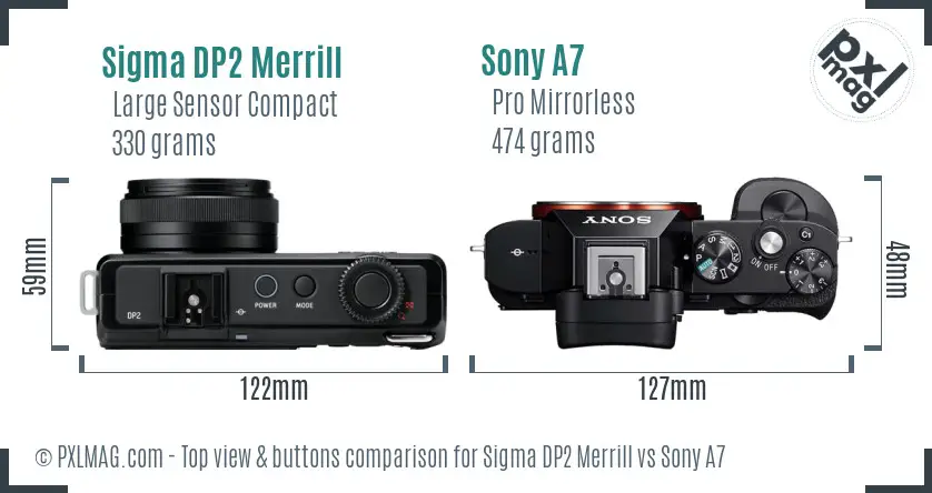Sigma DP2 Merrill vs Sony A7 top view buttons comparison