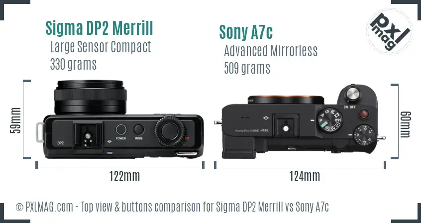 Sigma DP2 Merrill vs Sony A7c top view buttons comparison