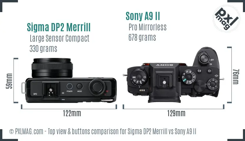 Sigma DP2 Merrill vs Sony A9 II top view buttons comparison Sigma DP2 Merrill vs Sony A9 II top view buttons comparison