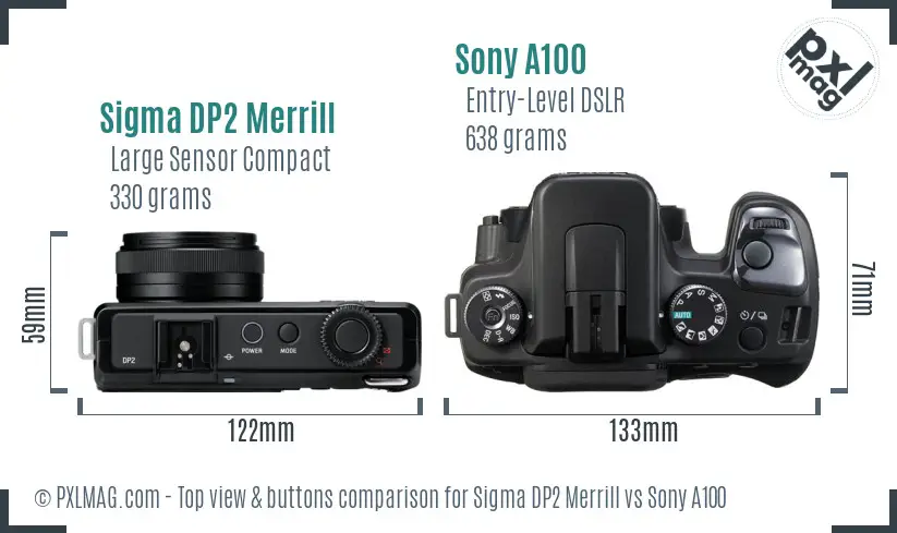 Sigma DP2 Merrill vs Sony A100 top view buttons comparison Sigma DP2 Merrill vs Sony A100 top view buttons comparison