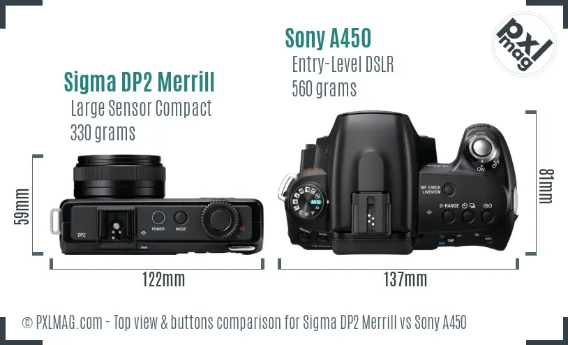 Sigma DP2 Merrill vs Sony A450 top view buttons comparison