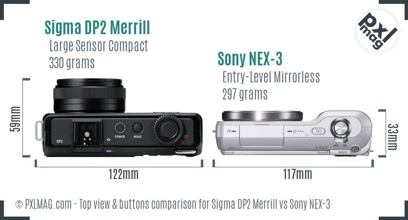 Sigma DP2 Merrill vs Sony NEX-3 top view buttons comparison Sigma DP2 Merrill vs Sony NEX-3 top view buttons comparison