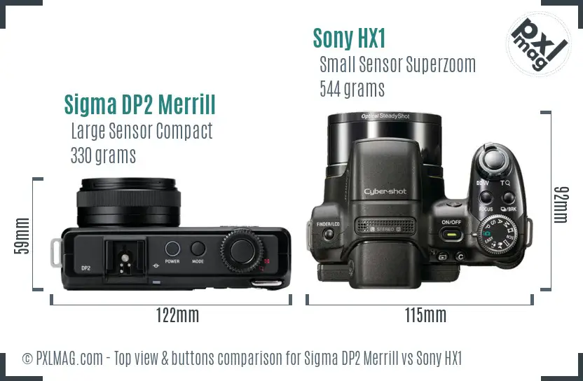 Sigma DP2 Merrill vs Sony HX1 top view buttons comparison Sigma DP2 Merrill vs Sony HX1 top view buttons comparison