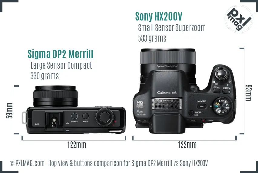 Sigma DP2 Merrill vs Sony HX200V top view buttons comparison