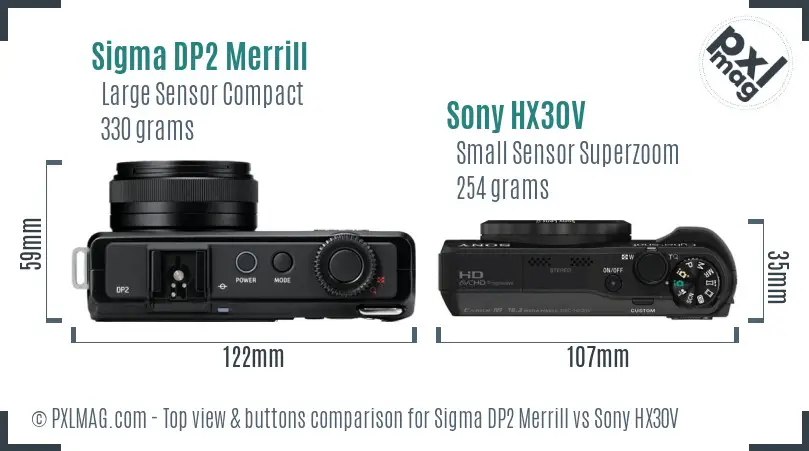 Sigma DP2 Merrill vs Sony HX30V top view buttons comparison