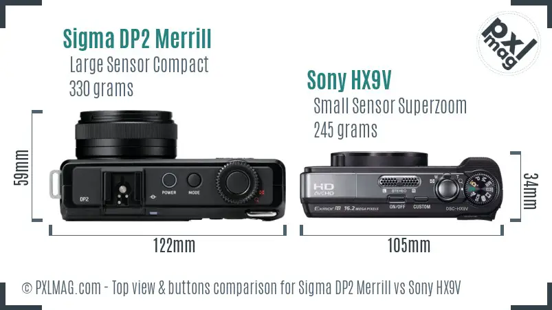 Sigma DP2 Merrill vs Sony HX9V top view buttons comparison Sigma DP2 Merrill vs Sony HX9V top view buttons comparison