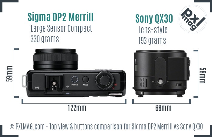 Sigma DP2 Merrill vs Sony QX30 top view buttons comparison
