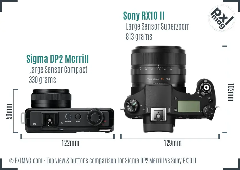 Sigma DP2 Merrill vs Sony RX10 II top view buttons comparison Sigma DP2 Merrill vs Sony RX10 II top view buttons comparison