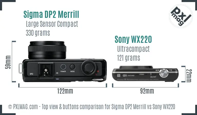Sigma DP2 Merrill vs Sony WX220 top view buttons comparison